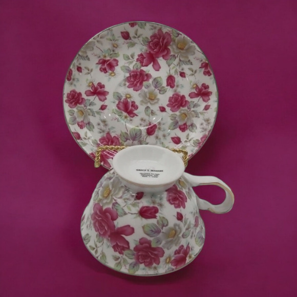 Grace's Teaware Victorian Charm Cup and Saucer Set Pink Floral Blooming Roses - Picture 1 of 11